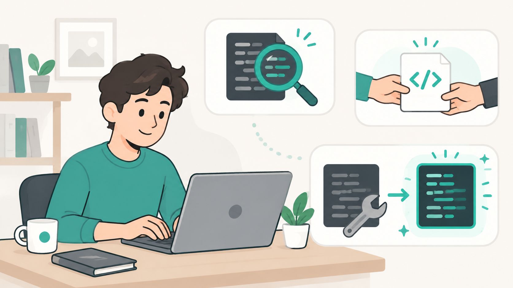 A young programmer working on a laptop with illustrations representing code review and software development lifecycle steps.