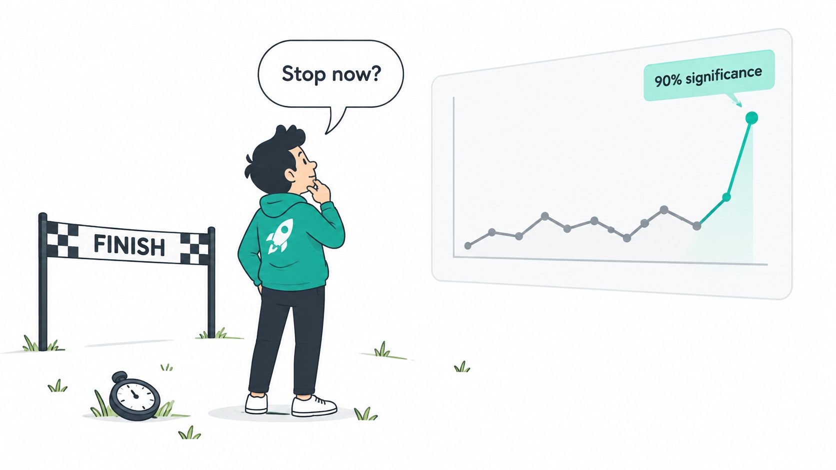 A person standing in front of a chart deciding whether to stop an experiment at 90 percent significance.