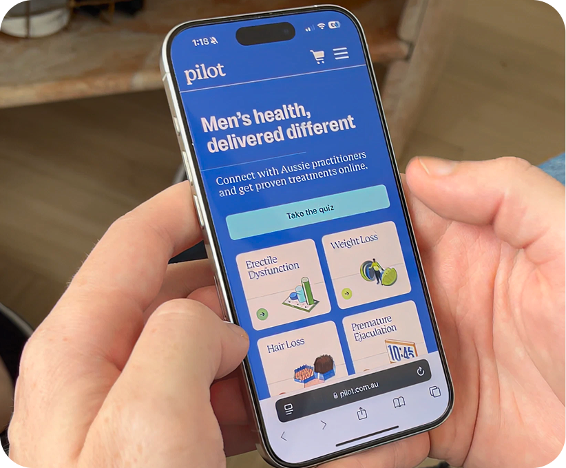 iPhone displaying options to treat hair loss, weight loss, erectile dysfunction and premature ejaculation at pilot.com.au