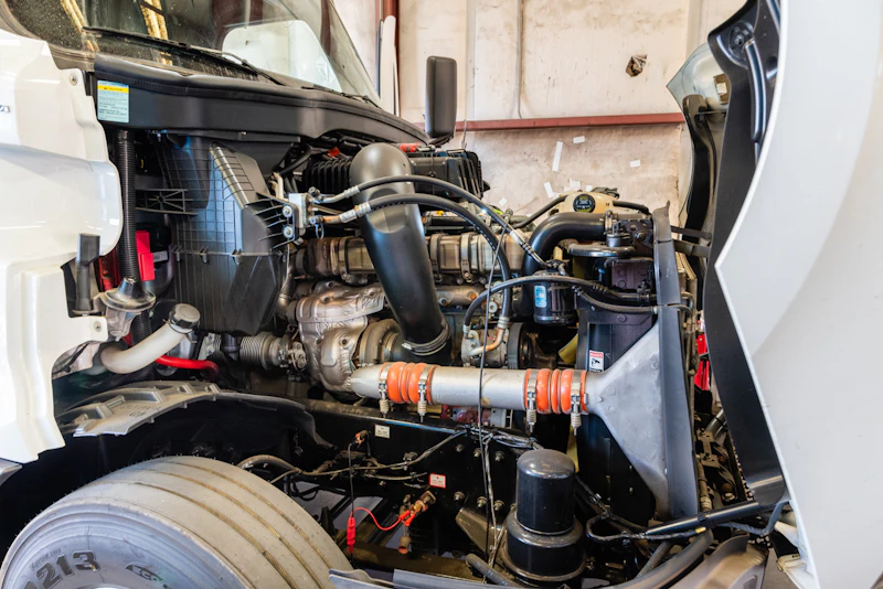 A close-up view of a truck’s engine compartment shows various hoses, pipes, and mechanical components with the hood lifted in a maintenance bay. The tire, chassis, and engine parts appear clean and well-organized, indicating a detailed inspection or repair.