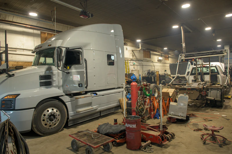 A large silver semi-truck and a partially disassembled utility truck are parked inside a dimly lit workshop filled with industrial tools, gas cylinders, and scattered maintenance equipment. The scene suggests ongoing repair work in a busy garage setting.