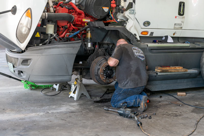 A mechanic kneels on the ground repairing the front wheel assembly of a white semi-truck propped up on jack stands. Tools, bolts, and an air impact wrench are scattered on the concrete floor nearby.