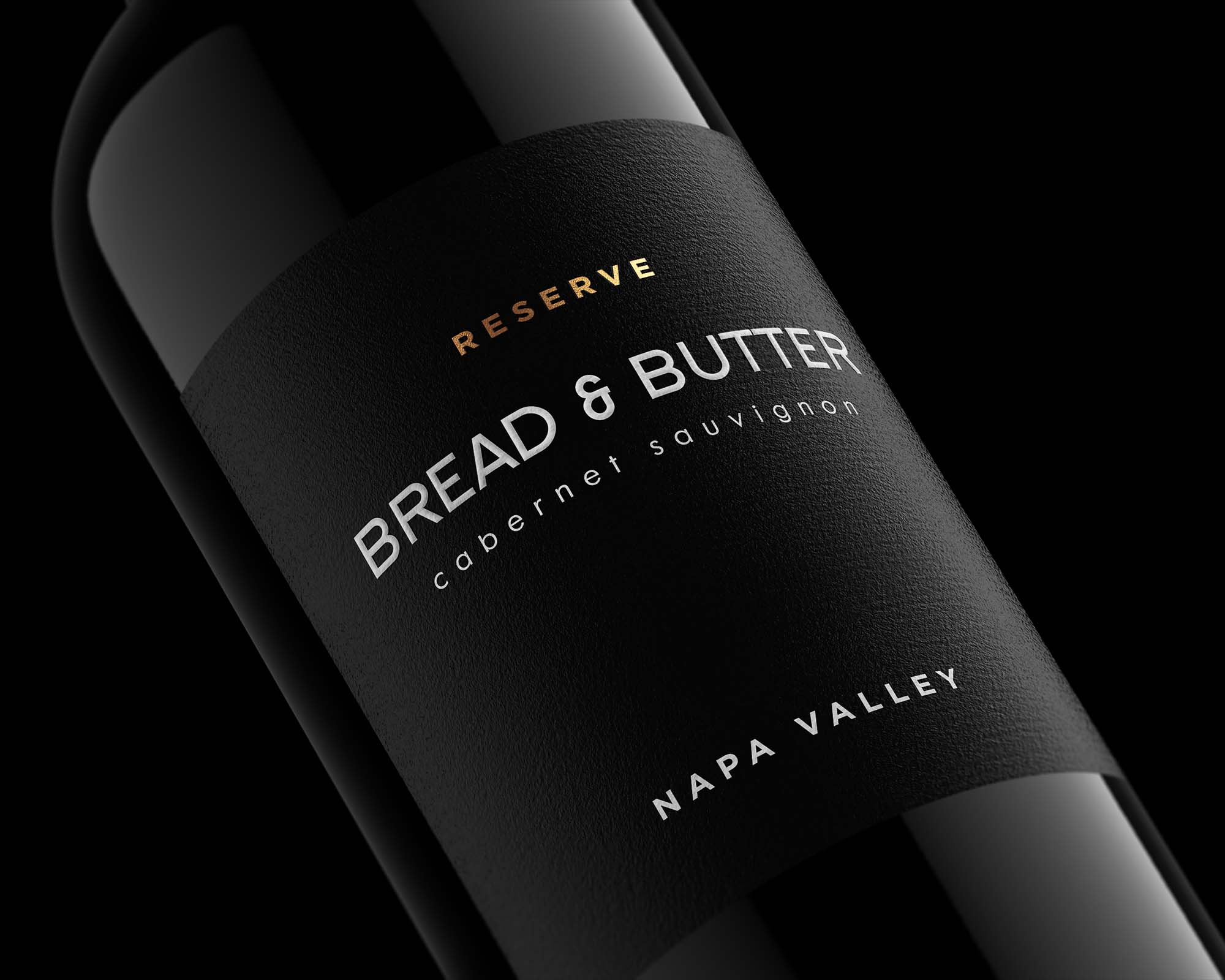 Close-up of a premium reserve Cabernet Sauvignon bottle with a black label, Outshinery render.