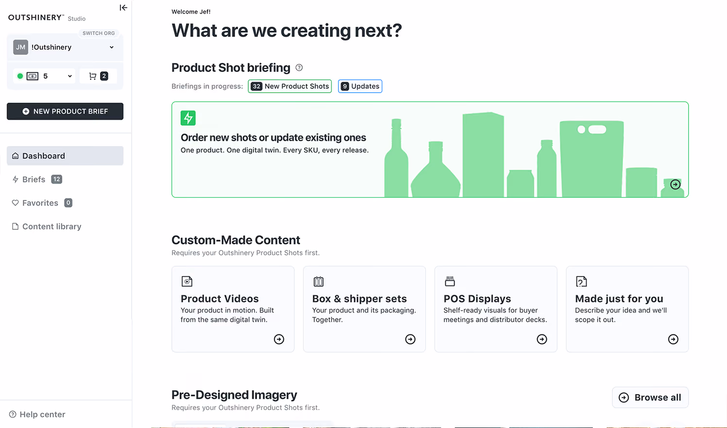 Outshinery Studio interface showing options to request single product photos: 'Get new Product Shots' with green container icons and 'Update existing Product Shots' with blue bottle icons, plus navigation menu on the left.