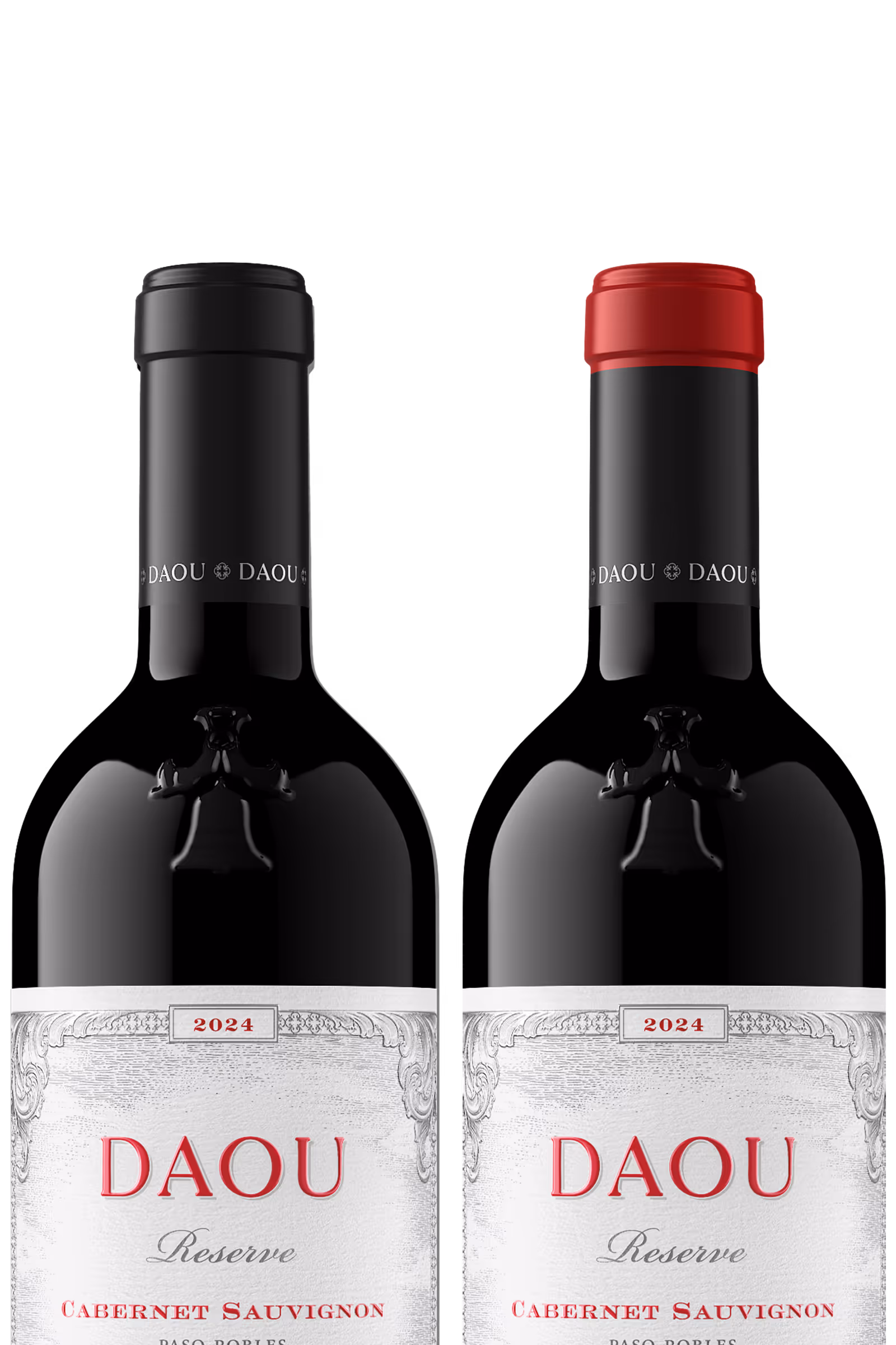 Two 2024 Daou Reserve Cabernet Sauvignon wine bottles with black and red caps.