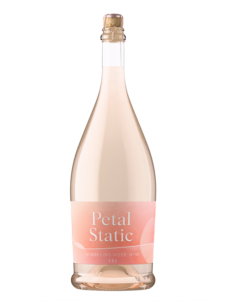 Bottle of Petal Static sparkling rosé wine, 1.5 liters with a pink label and cork top.