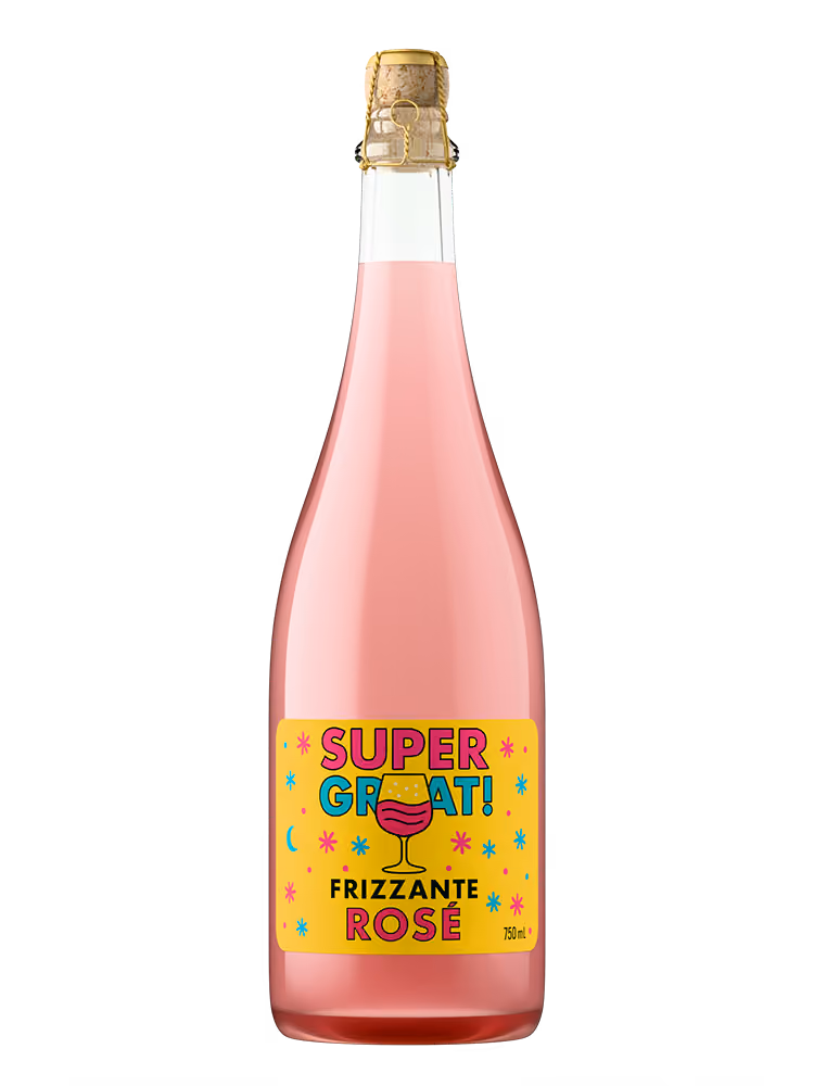 Bottle of Super Great! Frizzante Rosé sparkling wine with yellow label and pink liquid.