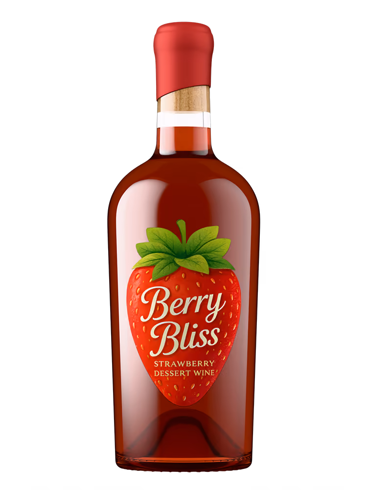 Bottle of Berry Bliss strawberry dessert wine with a red cap and a label shaped like a strawberry.