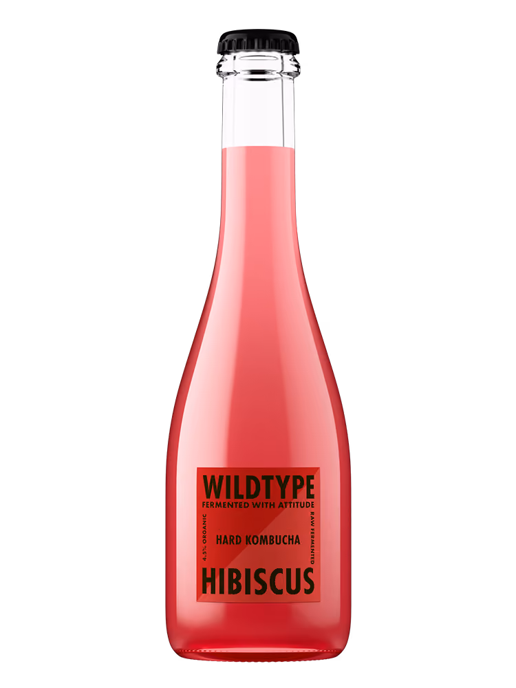 Pink bottle of Wildtype Hibiscus hard kombucha with black cap and label reading 'Fermented with Attitude'.