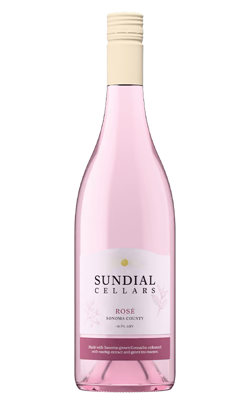 Bottle of Sundial Cellars Rosé wine from Sonoma County with 0.5% ABV, featuring a pale pink color and cream-colored cap.
