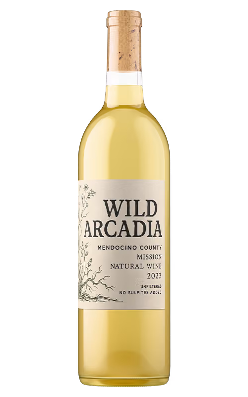 Bottle of Wild Arcadia Mission natural white wine from Mendocino County, 2023 vintage with cork and botanical illustration on label.