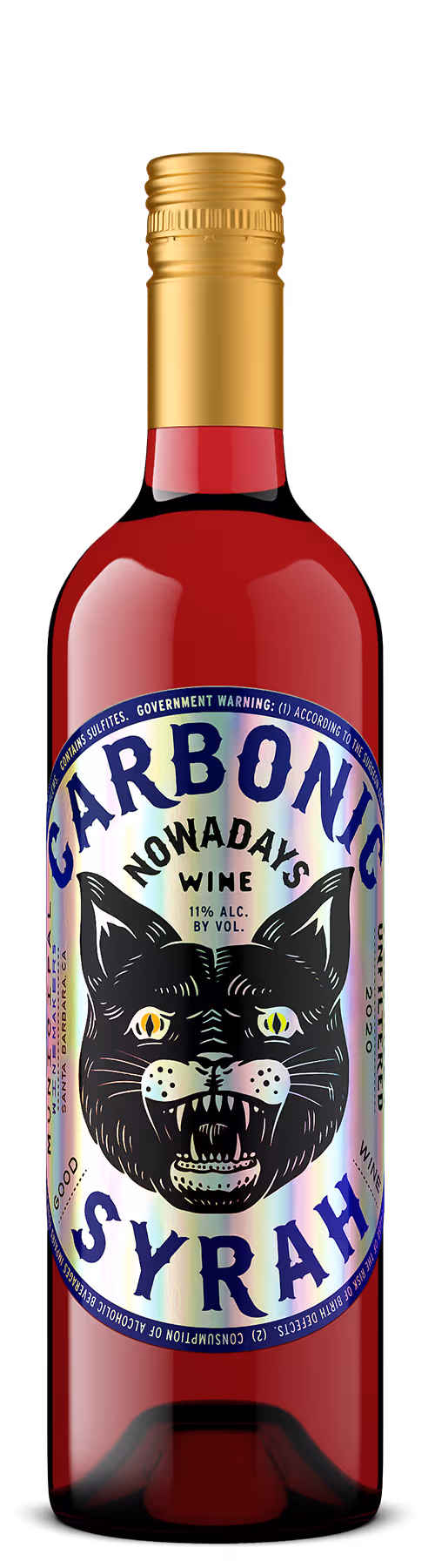 fun carbonic syrah bottle photographed by Outshinery with a cat and holographic foil on the label