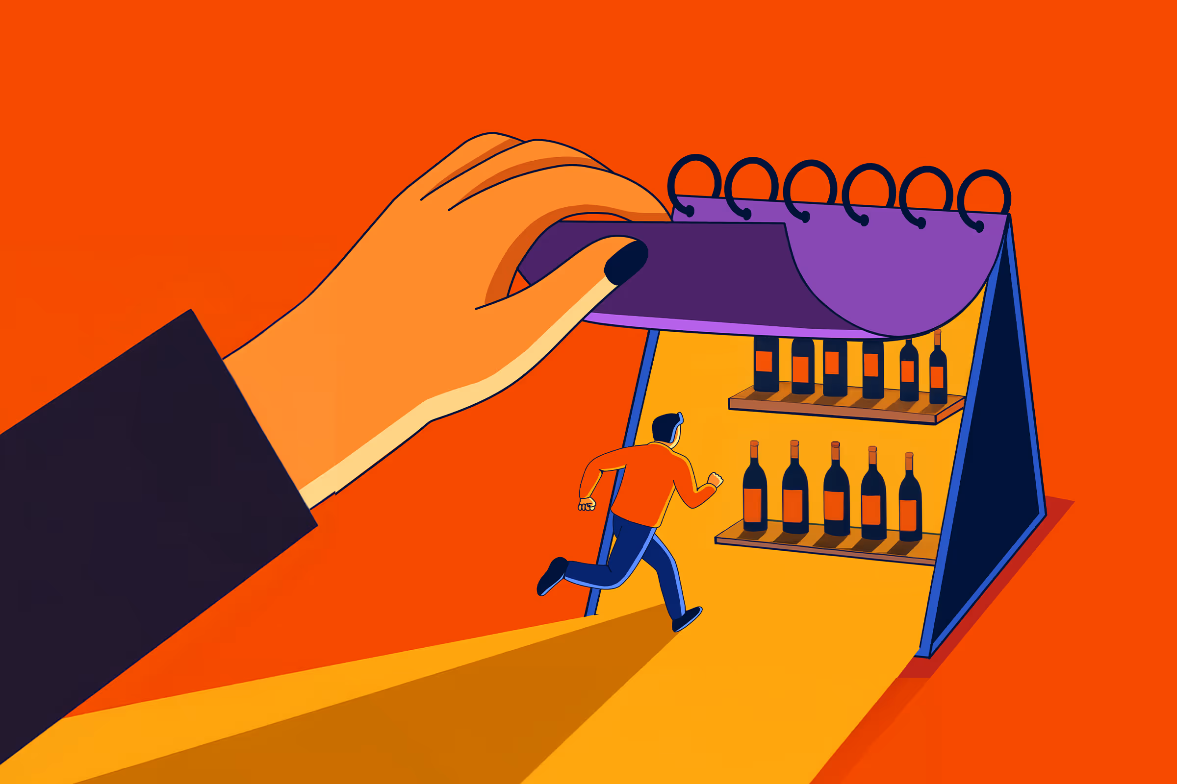 Illustration of a person entering a calendar page turned into wine shelf with bottles inside.