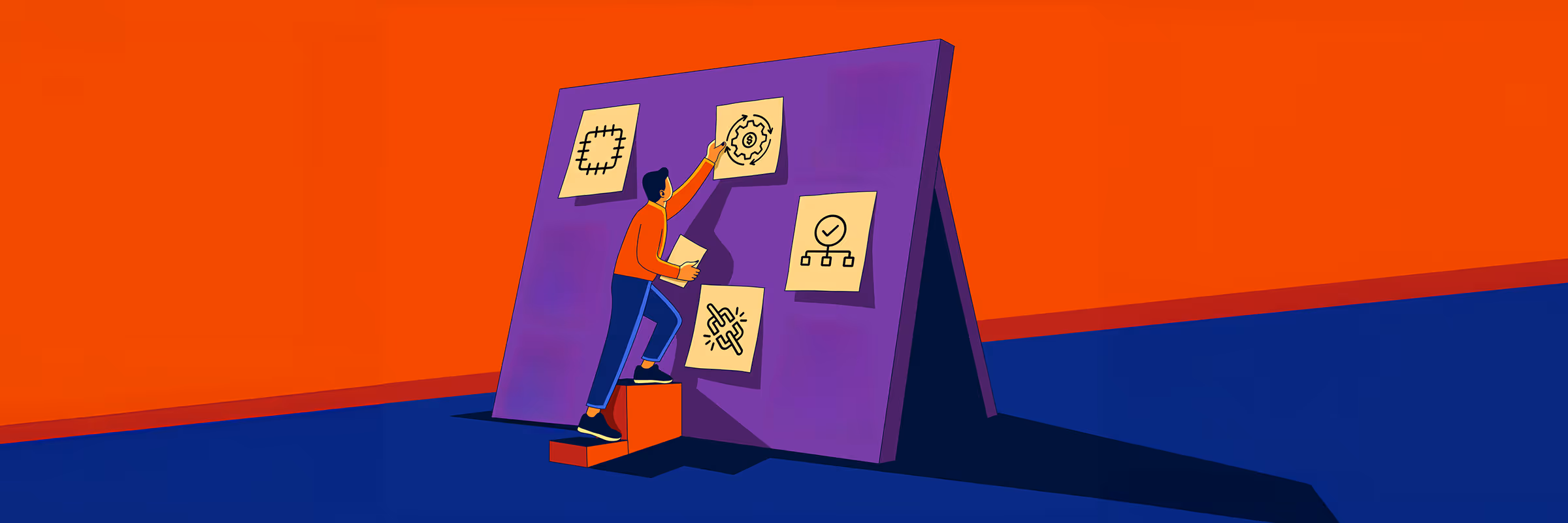 Person stepping on a block to place sticky notes with tech icons on a large purple board.