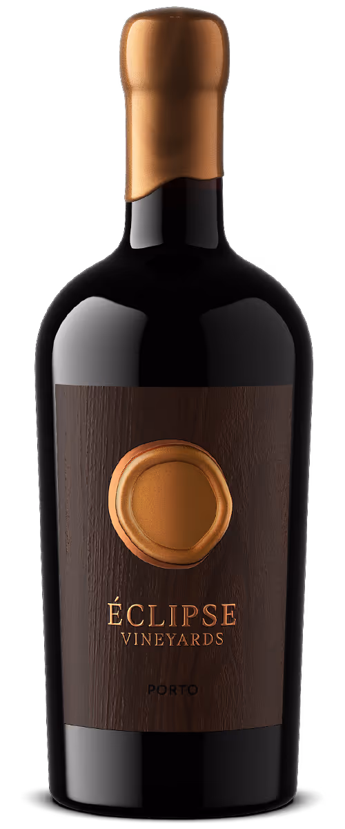 Bottle of Éclipse Vineyards Porto wine with a dark label and gold wax seal on the neck and front done by Outshiney.