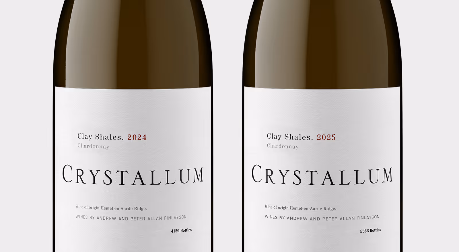 Two Crystallum Clay Shales Chardonnay wine bottles, vintages 2024 and 2025, with bottle counts on labels.