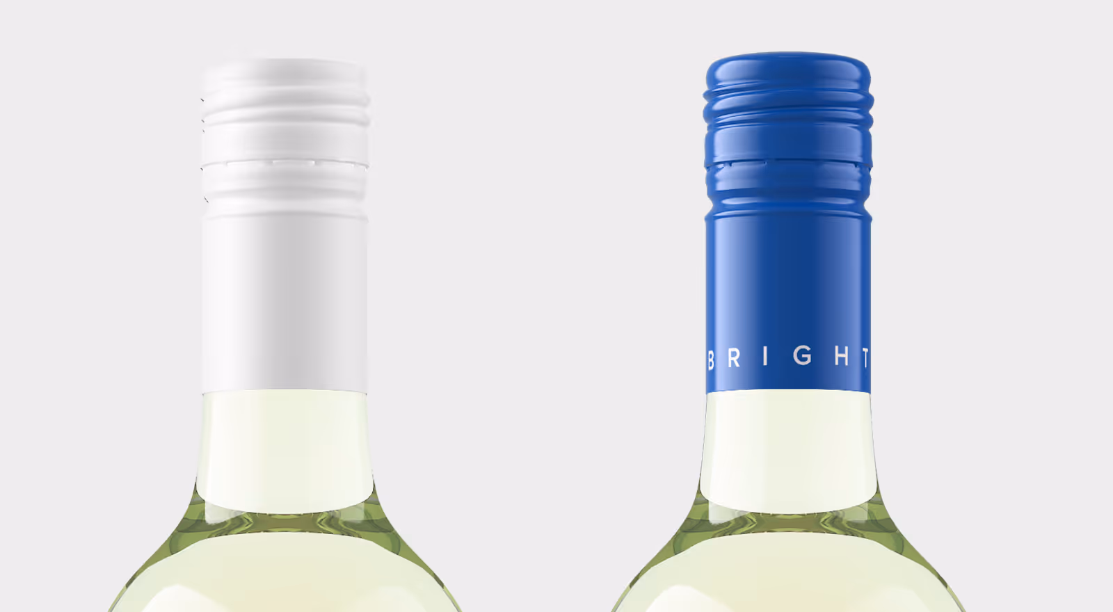 Close-up of two white wine bottle necks, left with white cap, right with blue cap labeled BRIGHT.