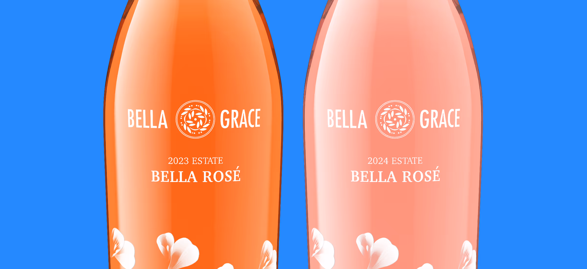 Two Bella Grace Rosé wine bottles side by side for 2023 and 2024 estate vintages.