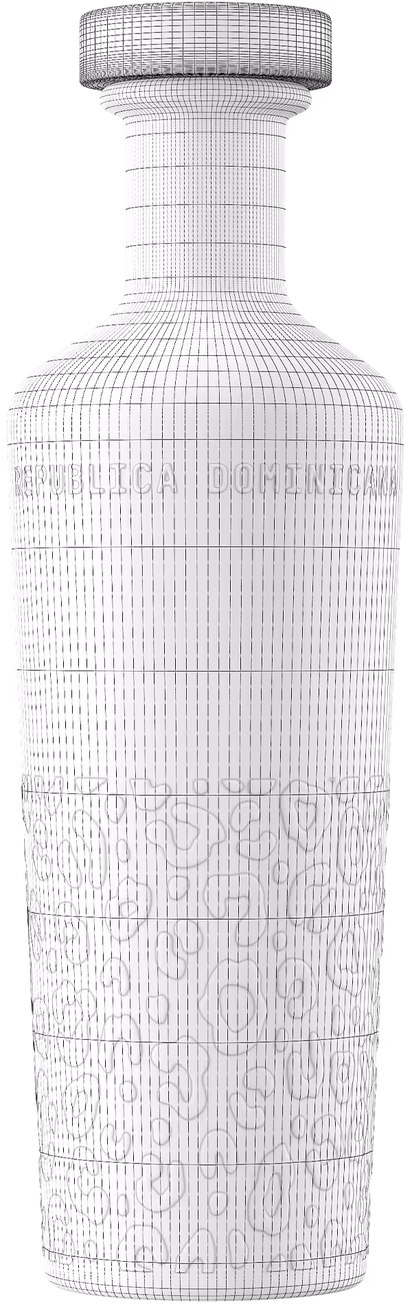 3D wireframe mesh of the Candela Mamajuana bottle showing embossed Republica Dominicana lettering and textured glass