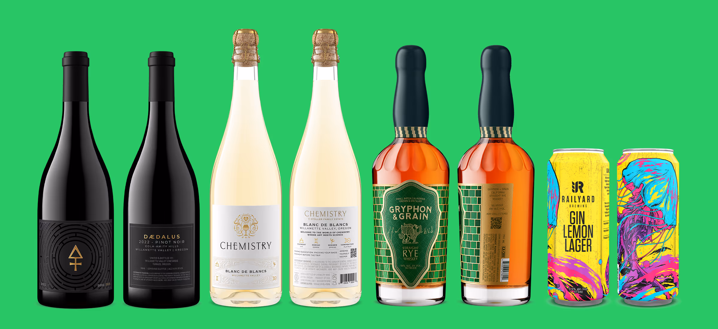 Photorealistic 3D Product Shots of two red wine bottles, two Blanc de Blancs sparkling wines, two rye whiskey bottles, and two canned drinks on a green background