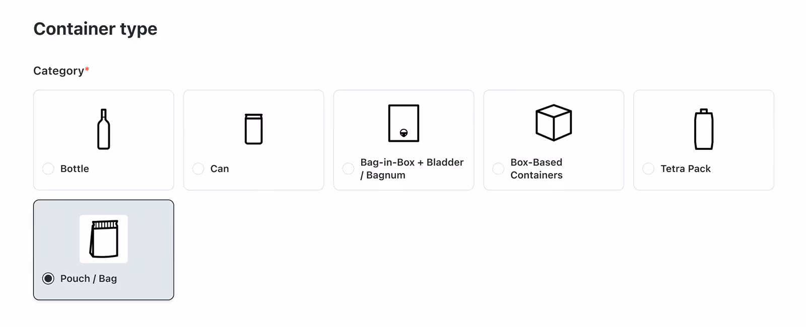 The form starts by sorting your packaging into one of six categories, so non-bottle formats land in the right path from the first click.