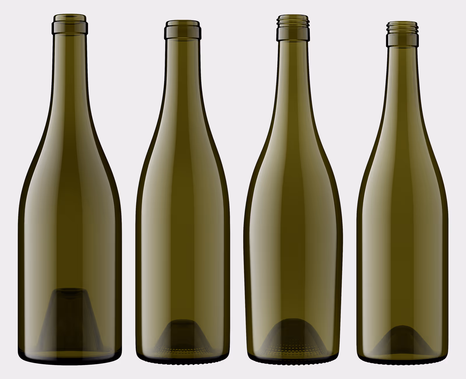 All four are 750ml Burgundy bottles. The differences in shoulder, punt, and height are exactly what makes a render read as your bottle instead of a generic one.