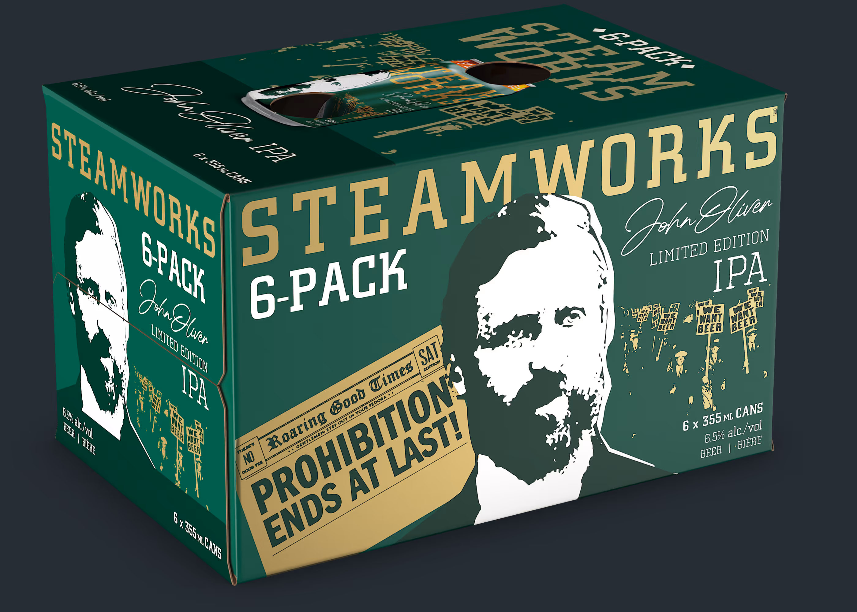 Steamworks John Oliver limited edition IPA 6-pack with a historic style design and protest signs.