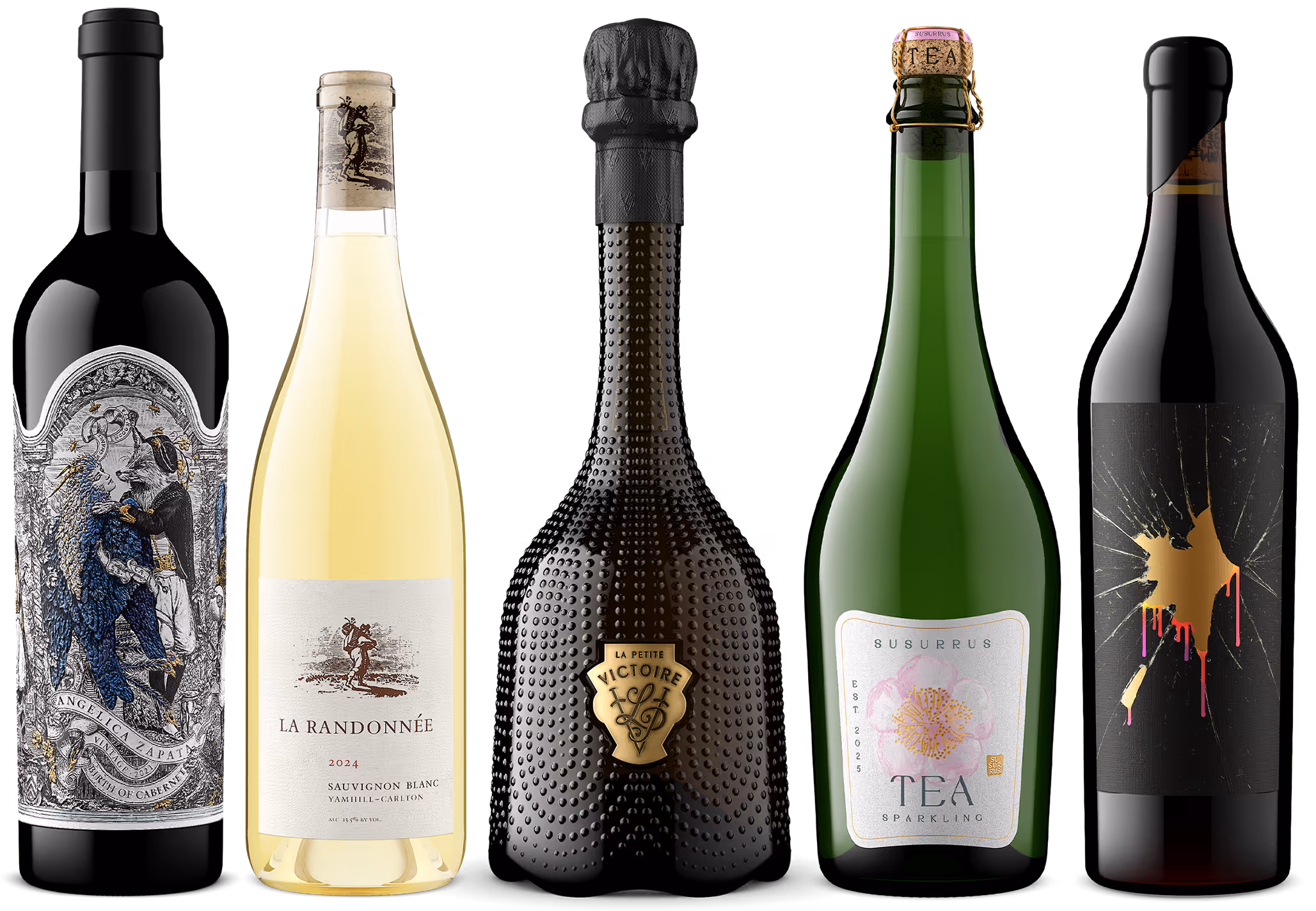 Five bottles of assorted alcoholic beverages with distinct artistic labels on a black background.