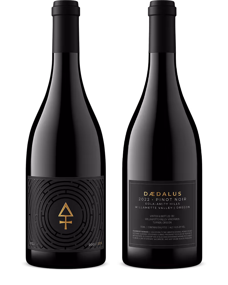 Front and back of Daedalus 2022 Pinot Noir wine bottle with black and gold label from Oregon.