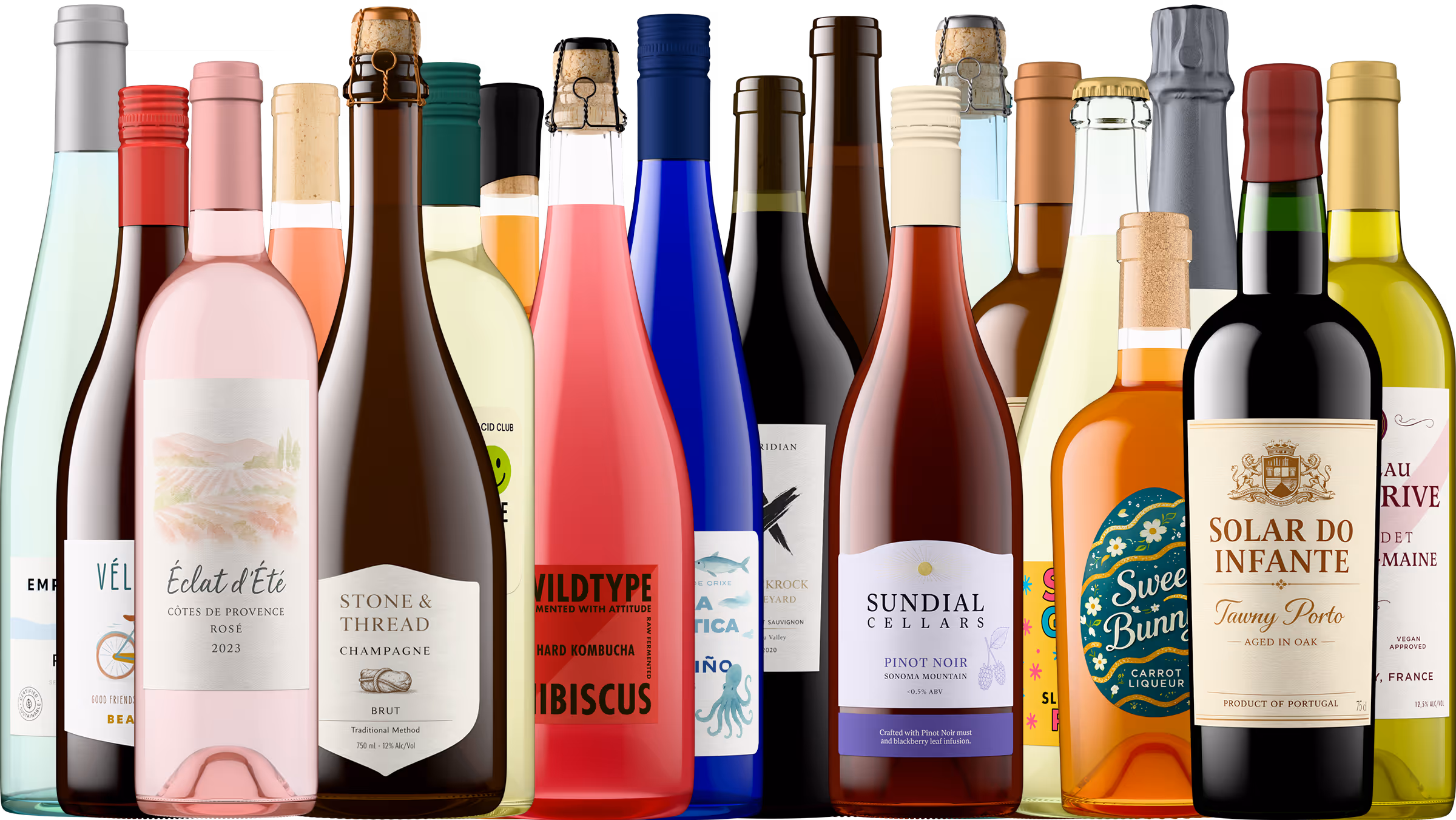 Row of assorted beverage bottles including wines, champagne, kombucha, and liqueur with various colored labels.
