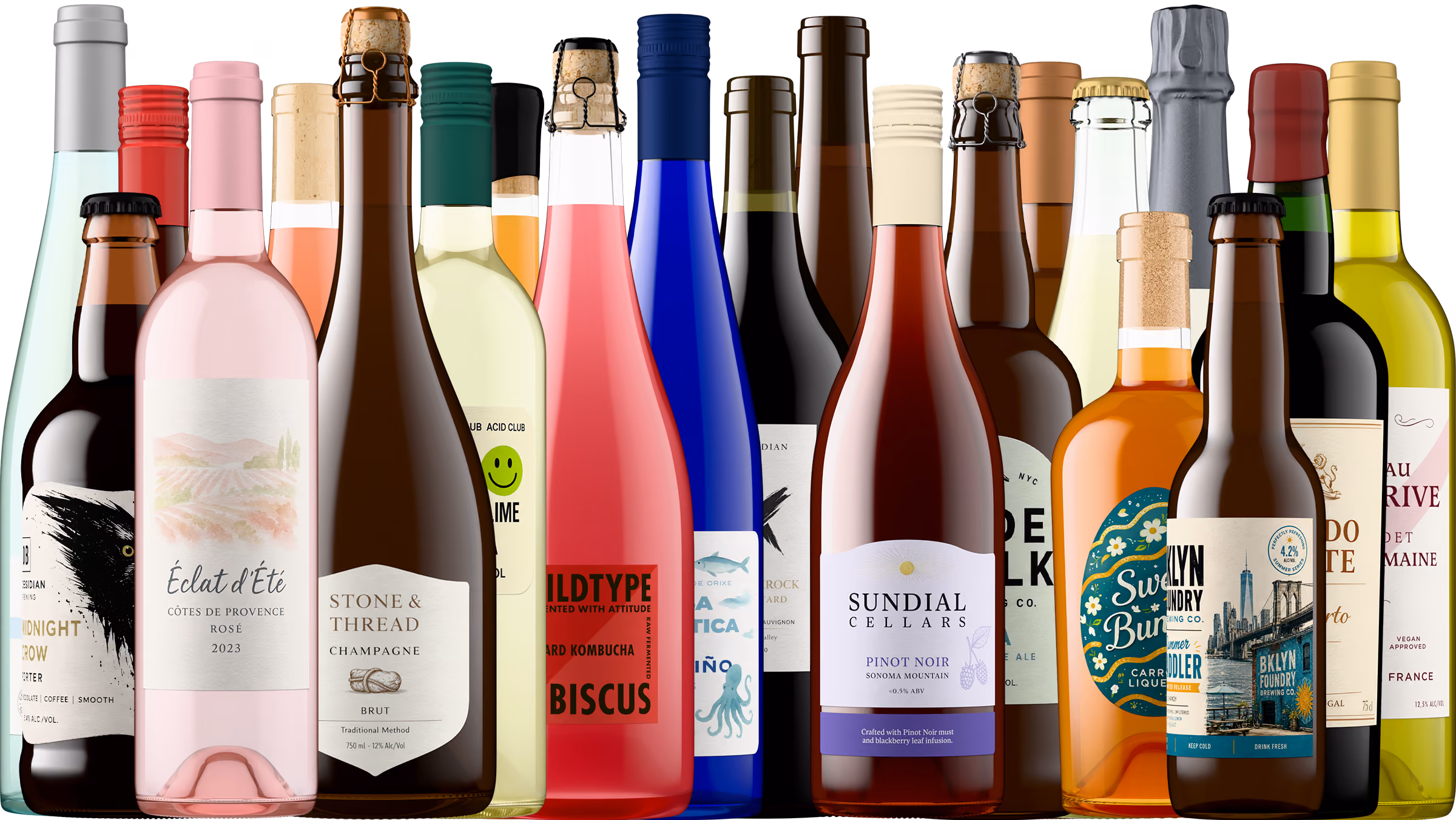Row of assorted beverage bottles including wines, champagne, kombucha, and liqueur with various colored labels.