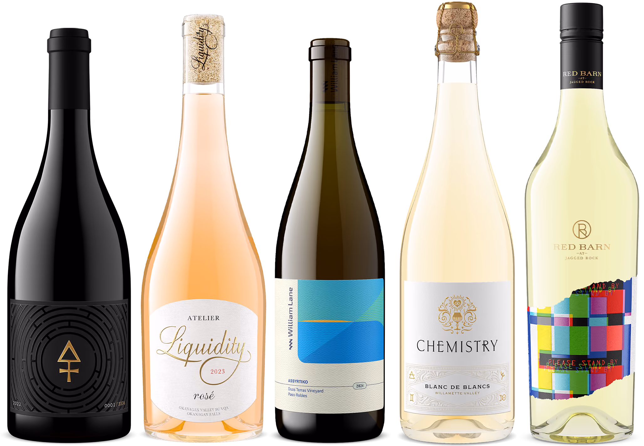 Five wine bottles with diverse labels and colors against a black background.