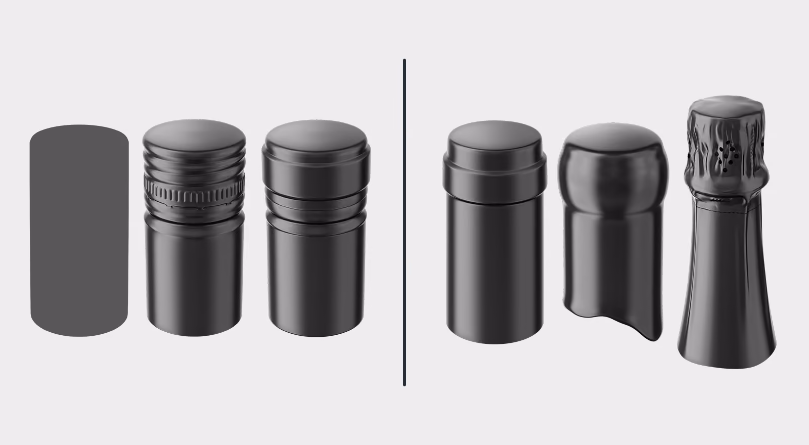 Six black wine and champagne bottle caps of various designs on a gray background divided by a vertical line.