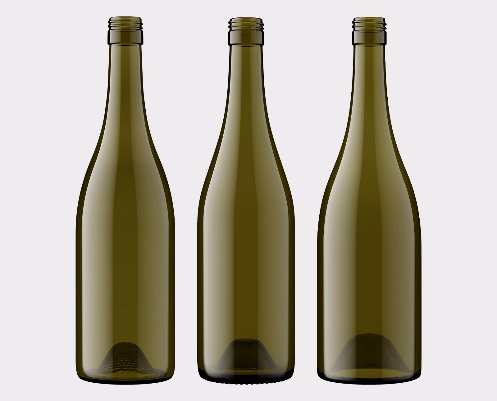 Three empty olive green glass bottles with long necks arranged side by side on a white background.