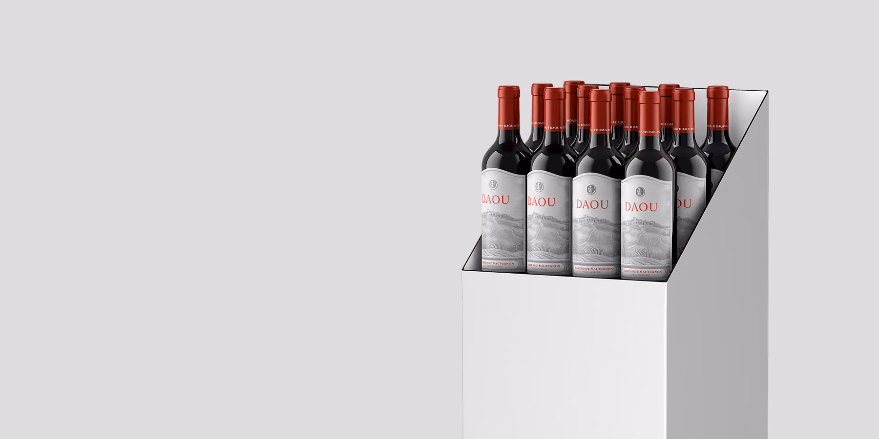 DAOU Cabernet Sauvignon bottles arranged in a white retail display, an Outshinery render on a light gray background.