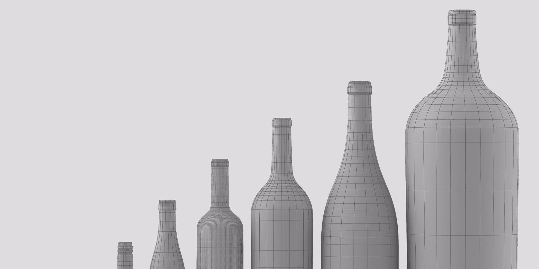 Six gray 3D wireframe wine bottle models rising in size from left to right, the geometry behind Outshinery's photorealistic bottle shots.