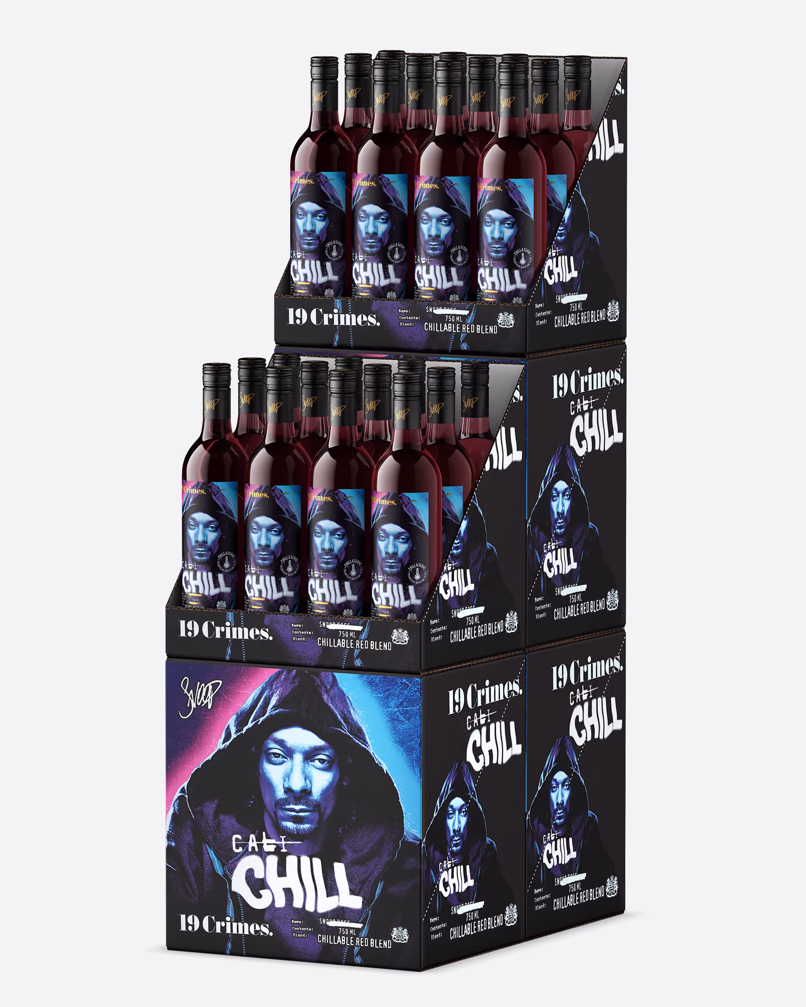 Stack of 19 Crimes Cali Chill wine cases featuring Snoop Dogg on labels and boxes.
