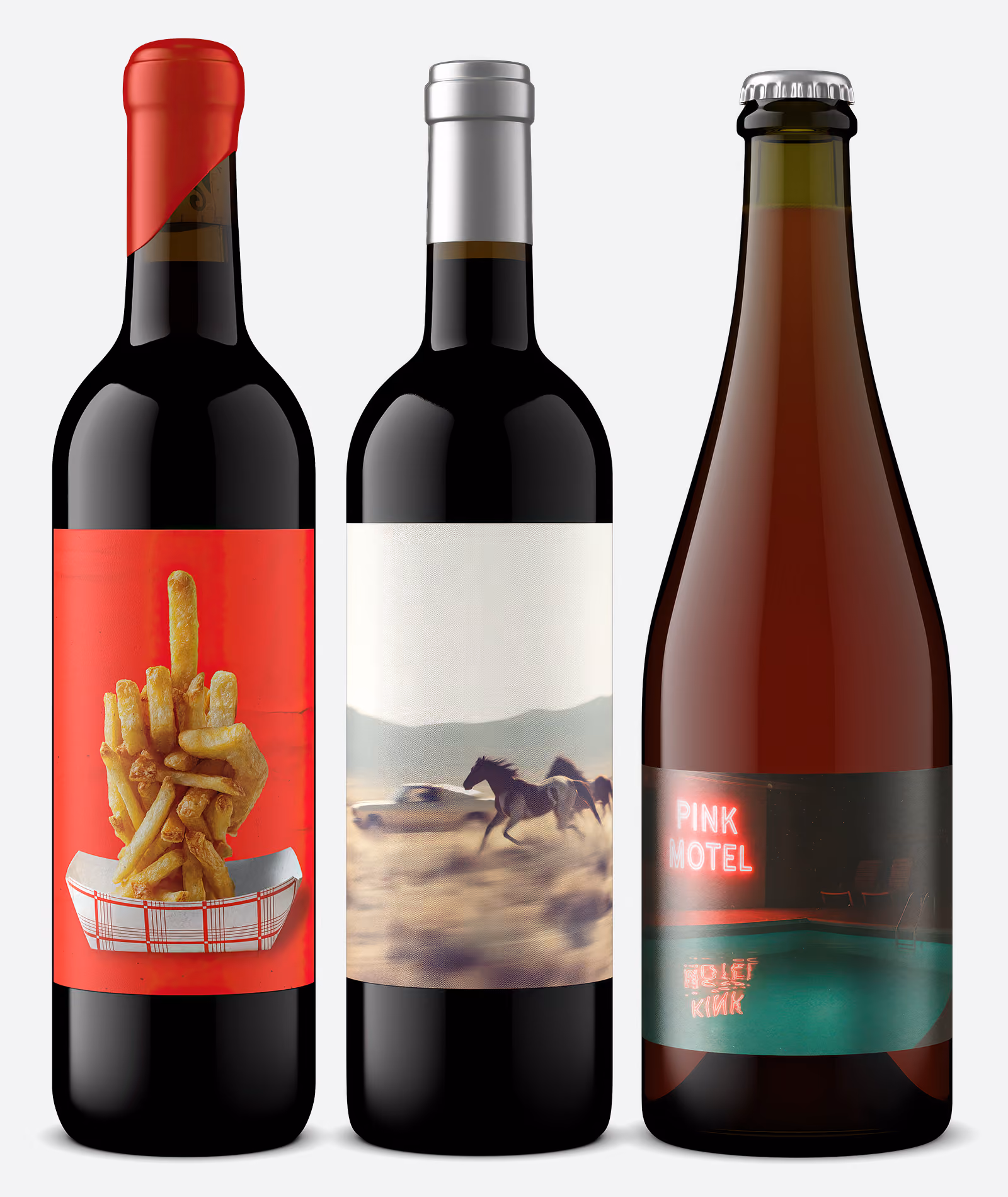 Three bottles with unique labels: fries shaped as a middle finger, running horses, and a neon Pink Motel sign.