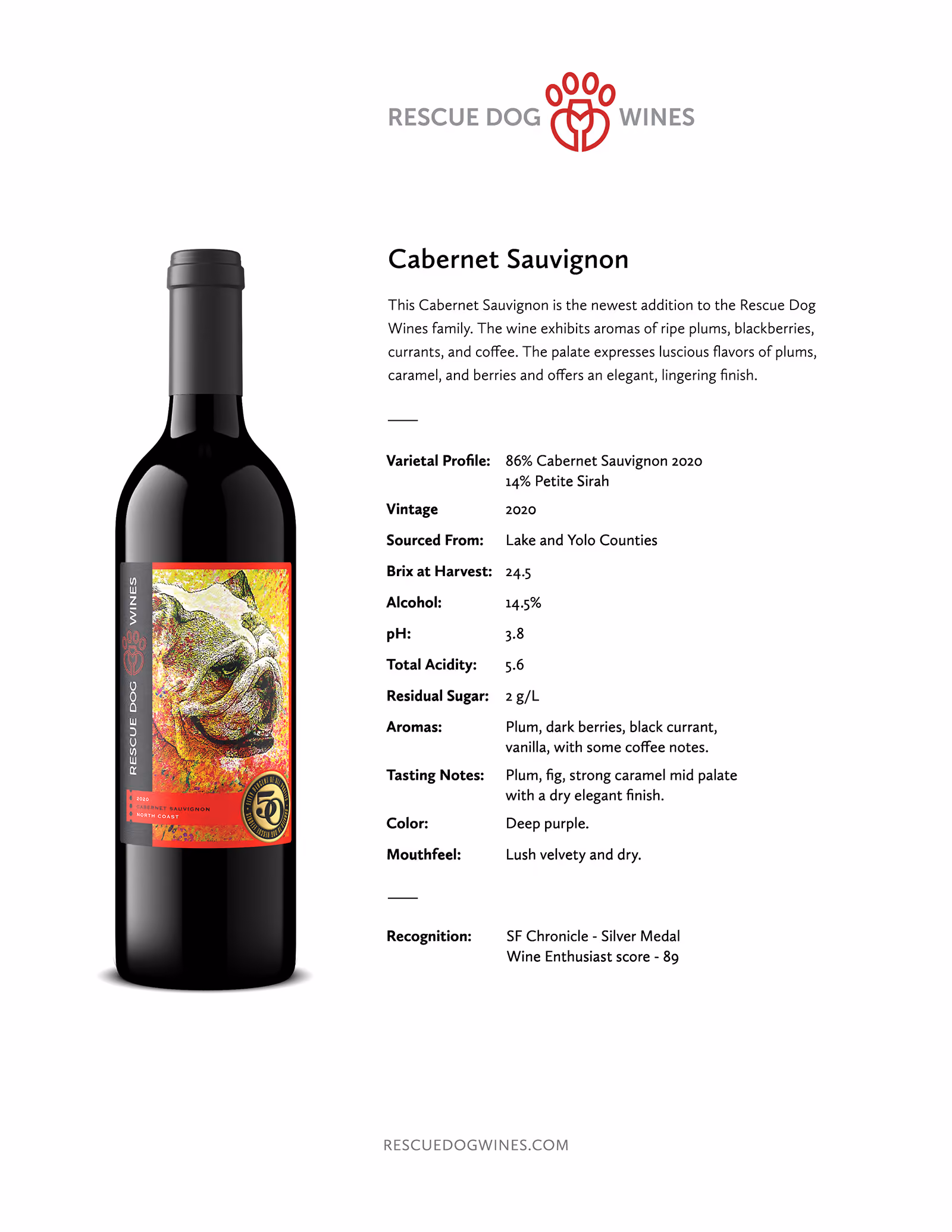 One-page sell sheet for Rescue Dog Wines Cabernet Sauvignon, pairing an Outshinery bottle shot with tasting notes, specs, and awards.