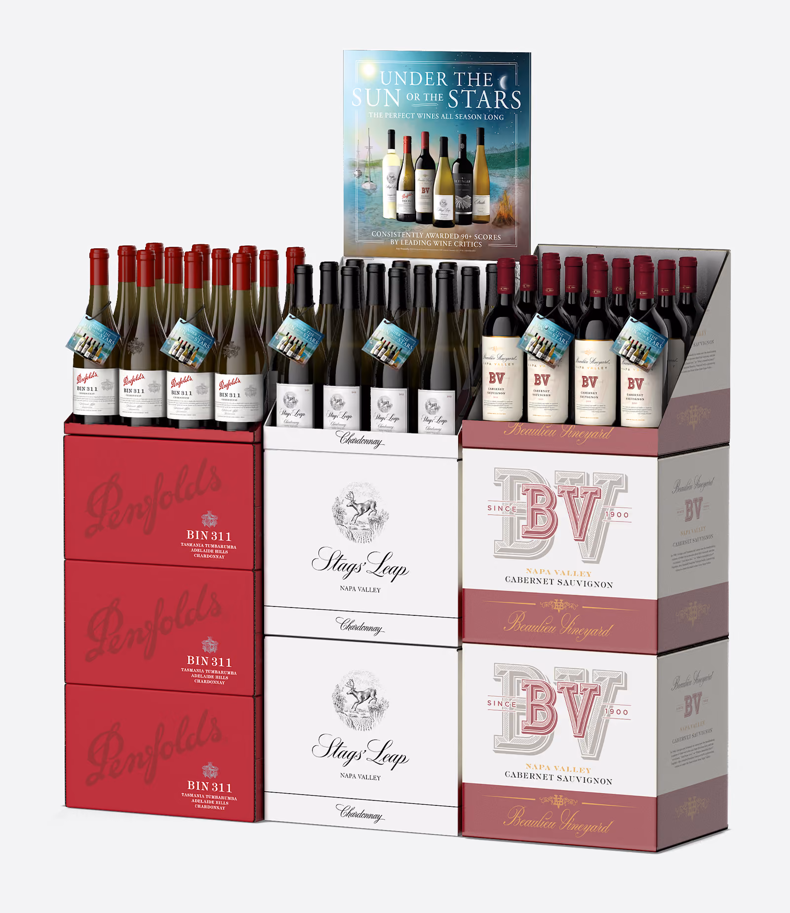 Under the Sun or the Stars seasonal wine floor display with Penfolds Bin 311, Stags' Leap, and Beaulieu Vineyard cases, a photorealistic POS render