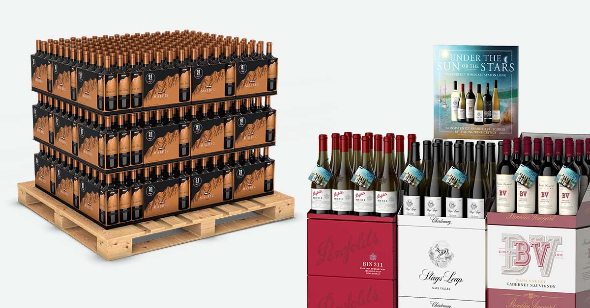 Photorealistic render of a wine pallet display: stacked cases on a wood pallet with boxed wine sets and a branded header card, shown fully stocked before print.