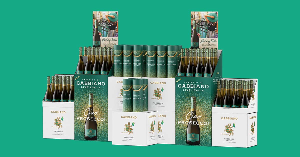 Photorealistic render of a Castello di Gabbiano Prosecco floor display, the finished result of a complete POS display brief