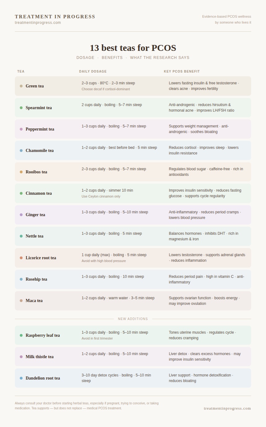 Graphic of best pcos teats listing benefits and dosage