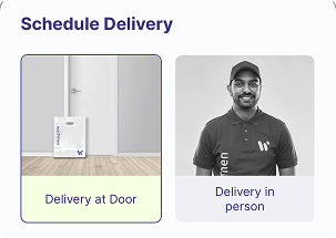 Graphic illustrating delivery options. Left side shows a delivery bag at an open door labeled 'Delivery at Door.' Right side features a smiling delivery person wearing a uniform, labeled 'Delivery in person.'
