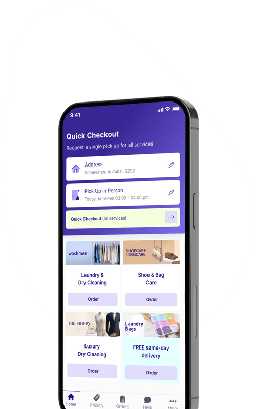 A smartphone displaying a 'Quick Checkout' screen for a service app. The interface includes options for address, pickup details, and various service categories like laundry and dry cleaning.
