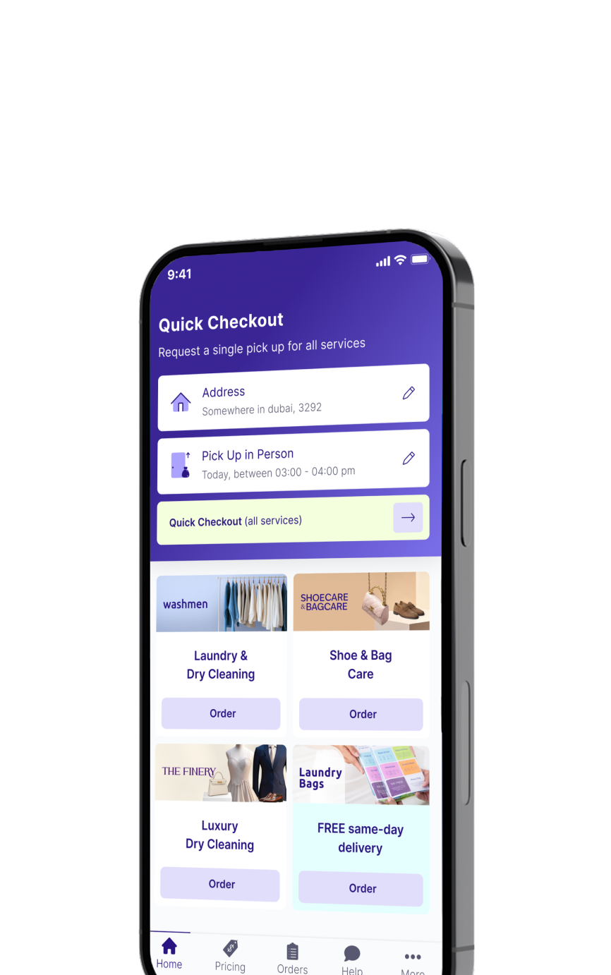 A smartphone displaying a 'Quick Checkout' screen for a service app. The interface includes options for address, pickup details, and various service categories like laundry and dry cleaning.
