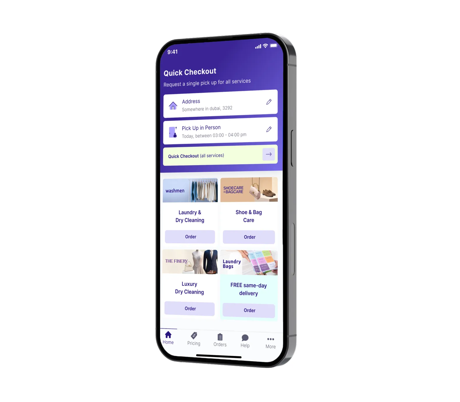 A smartphone displaying a service app interface for quick checkout, showing options for laundry and dry cleaning services, with a purple background.