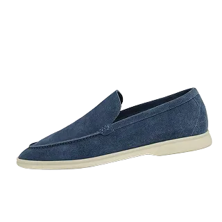a blue loafer with white sole