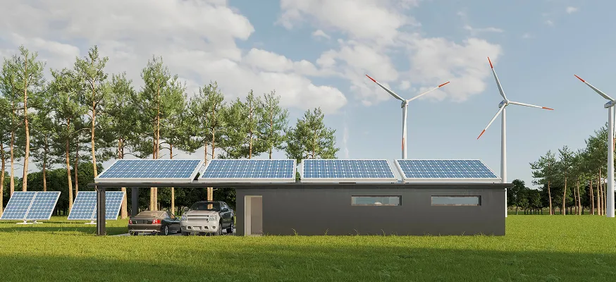 дом с солнечными батареями и машины, припаркованные у деревьев