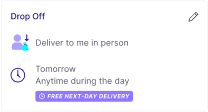 A digital interface displaying delivery options labeled 'Drop Off' with options for personal delivery, scheduled for tomorrow, and free next-day delivery highlighted.